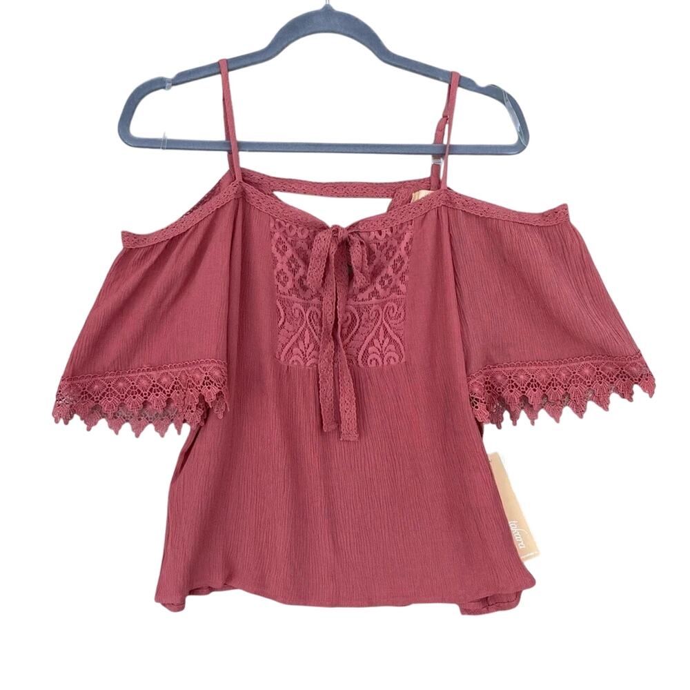 NWT New Takara Womens Small Thin Strap Cold Shoulder Front Tie Lacy Tank Top